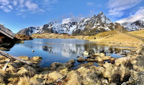 Scenic view of lake and snowcapped mountains against sky