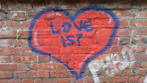 Close-up of text on brick wall