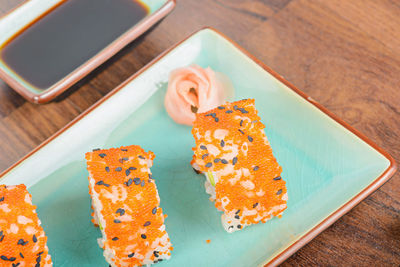 High angle view of ice cream in plate on table