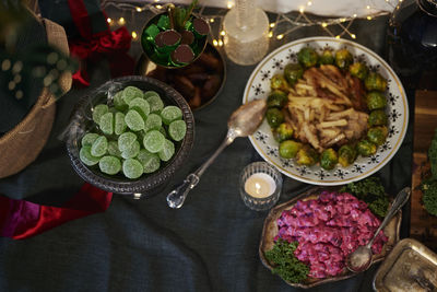 Christmas food and decoration on table