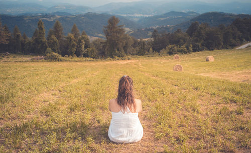 Rear view of woman sitting on field 