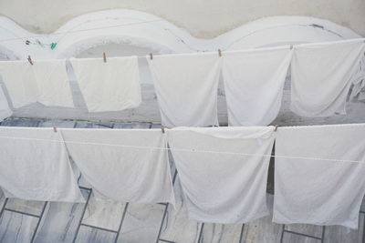 High angle view of clothes drying against wall