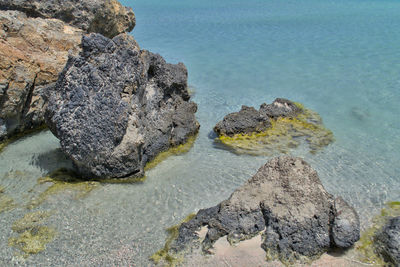 High angle view of rocks in sea