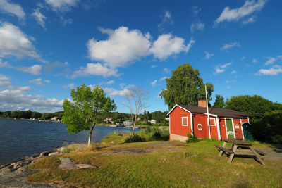 House by lake against blue sky