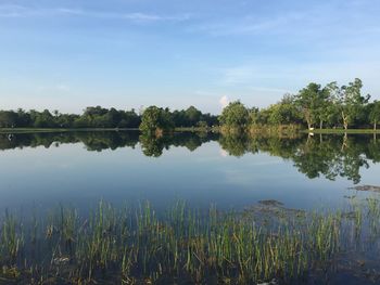 Beautiful scenery lake view with reflection and blue sky background