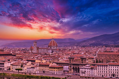 Aerial view of townscape against sky at sunset