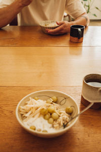 High angle view of breakfast served on table