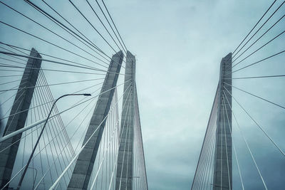 Low angle view of bridge cables against sky