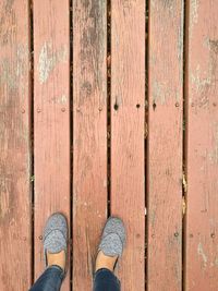 Low section of man standing on wood