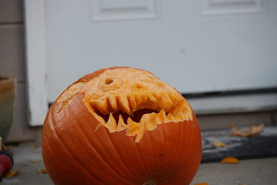 Close-up of pumpkin on table during halloween