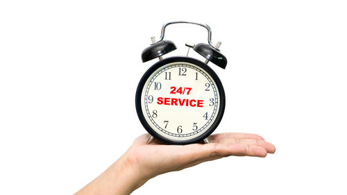 Close-up of hand holding clock over white background