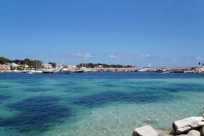 Scenic view of sea against clear blue sky