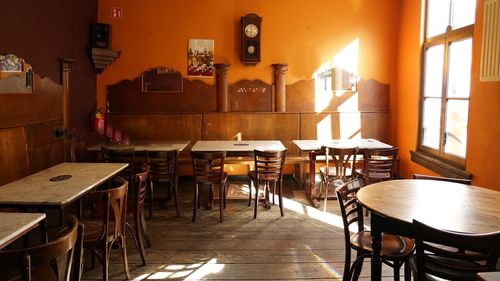 Empty chairs and tables in restaurant