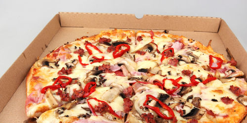 Close-up of pizza in box