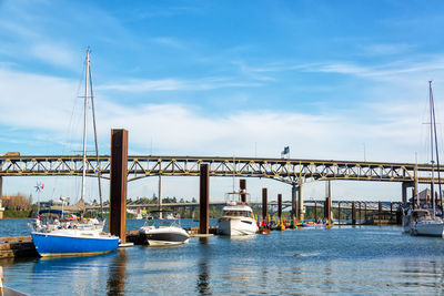 Boats moored against sky in city