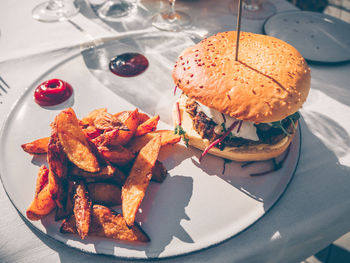 High angle view of burger on table