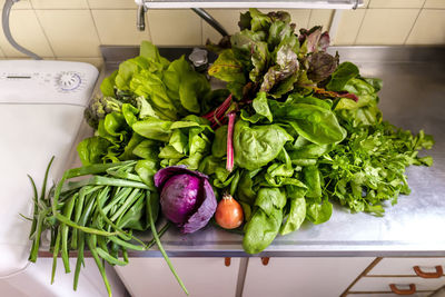 High angle view of vegetables on table at home