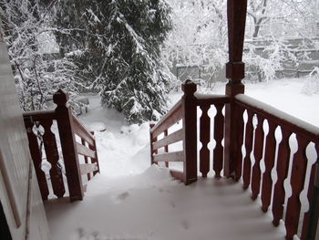 Snow covered railing by trees during winter