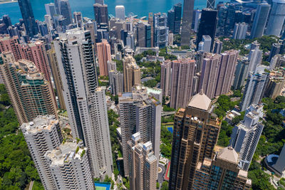 High angle view of modern buildings in city