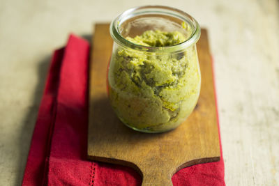 Close-up of drink in jar on table