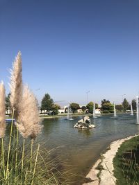 Scenic view of lake against clear blue sky