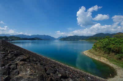 Scenic view of lake against blue sky