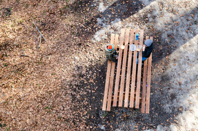 High angle view of friends sitting on bench in park during autumn