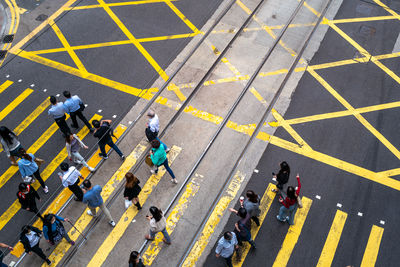 High angle view of people walking on street