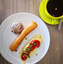 High angle view of breakfast served on table