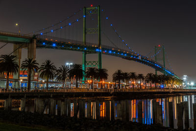 Illuminated bridge over river at night