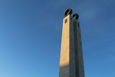 Low angle view of building against clear blue sky