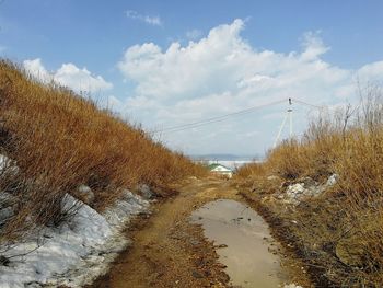 Snow covered land against sky