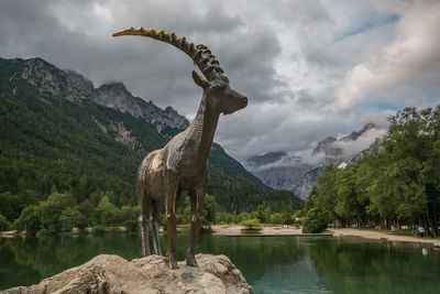 Summer day at lake jasna in kranjska gora guarded by statue of a capra ibex
