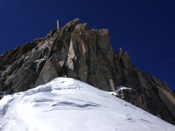 Low angle view of snowcapped mountain against clear blue sky