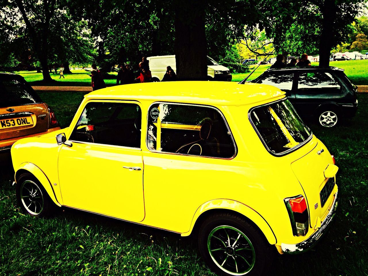 transportation, land vehicle, mode of transport, car, bicycle, stationary, tree, parking, parked, grass, yellow, travel, vintage car, motorcycle, field, wheel, outdoors, no people, day, street