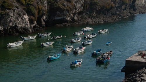 High angle view of boats in sea