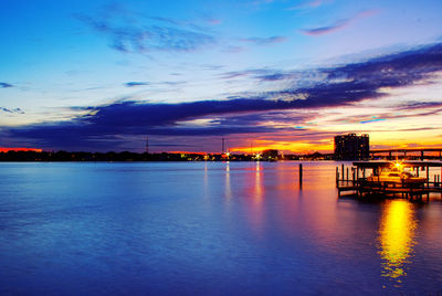 Scenic view of sea against cloudy sky at sunset