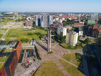 High angle view of street amidst buildings in city