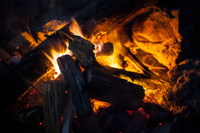 Close-up of fire on log at night
