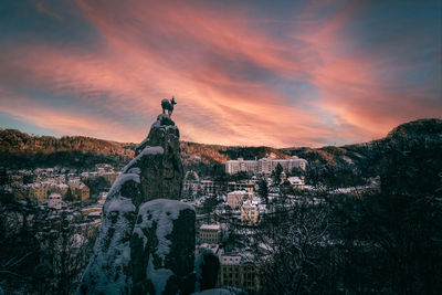 Scenic view of the deer and landscape against sky during sunset