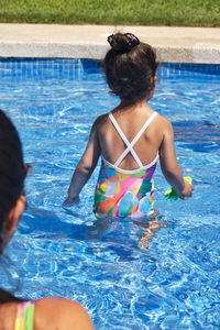 Rear view of woman in swimming pool