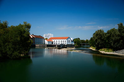 Scenic view of lake against clear blue sky