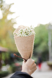 Cropped hand holding bouquet against clear sky