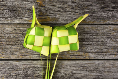 High angle view of bananas on table against wall