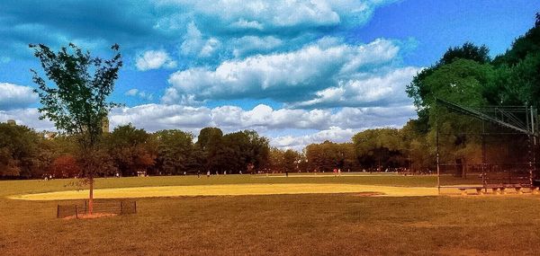 Scenic view of field against cloudy sky