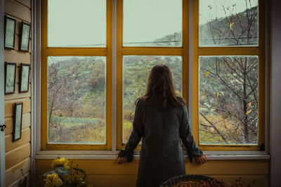 Woman looking through window in winter