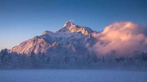 Scenic view of snow covered mountains against clear sky