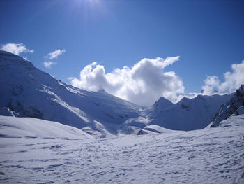 Scenic view of snowcapped mountains against sky