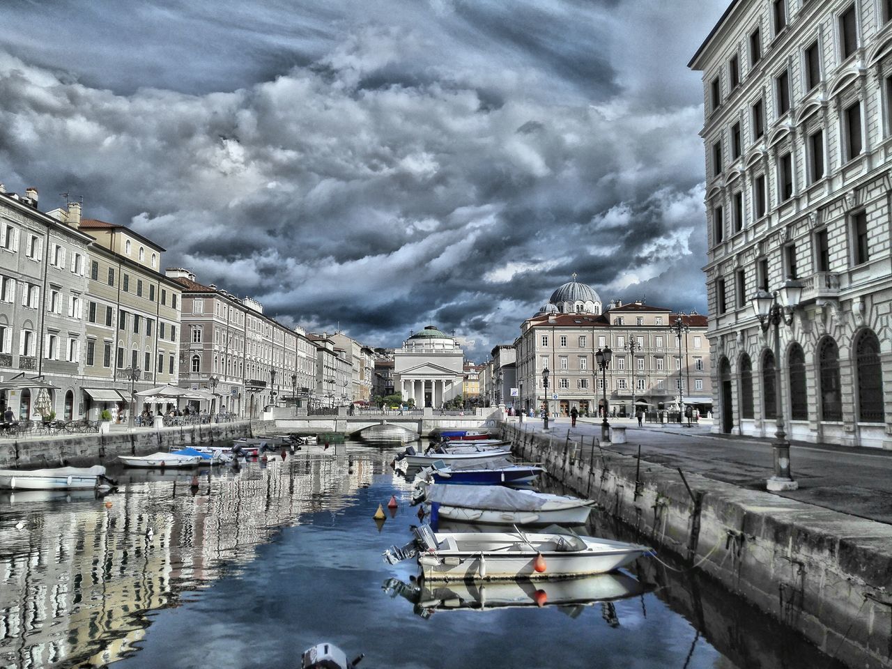 building exterior, architecture, built structure, city, water, transportation, sky, cloud, canal, city life, cloud - sky, mode of transport, cloudscape, waterfront, day, cloudy, in a row, outdoors, residential district, old town