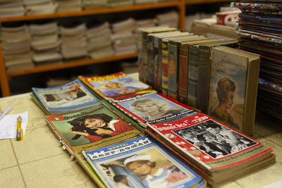 High angle view of books on table